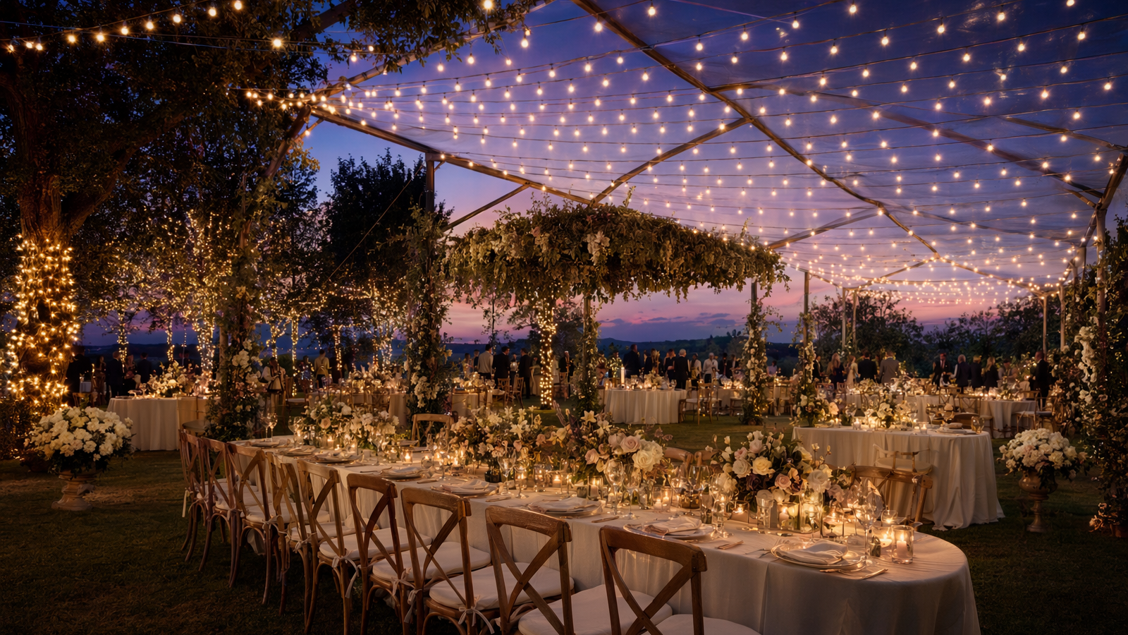 Outdoor wedding decorated with string lights