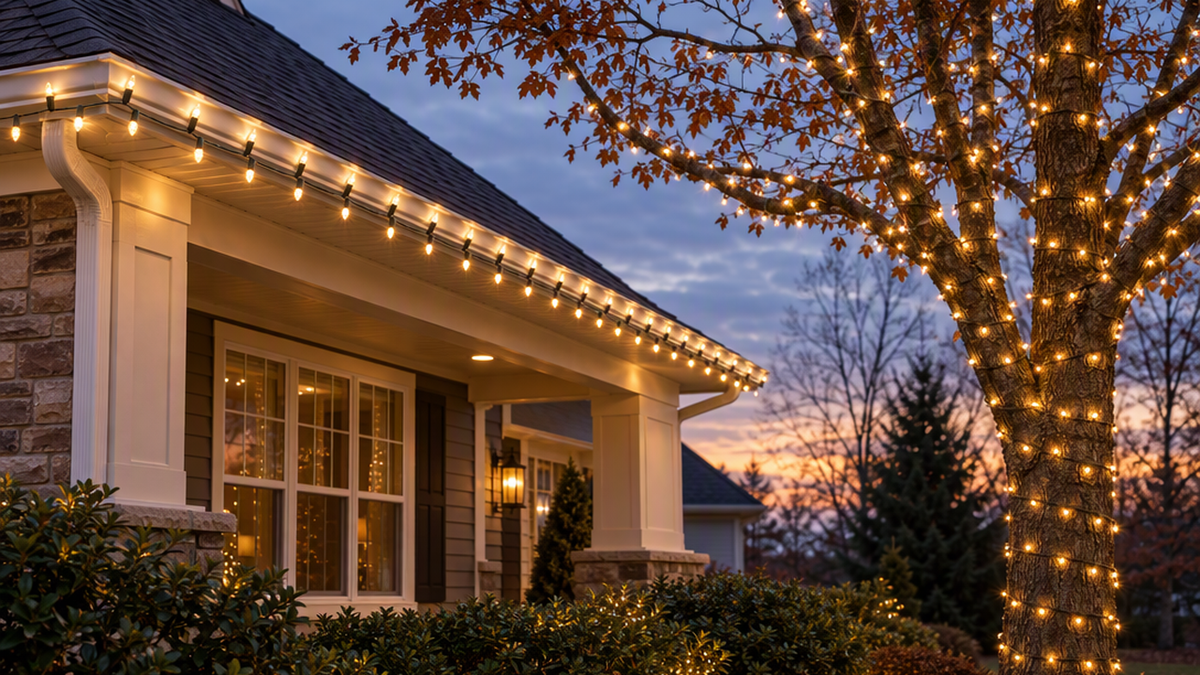 Christmas lights clipped along a house gutter and eave, extending to wrap a tree