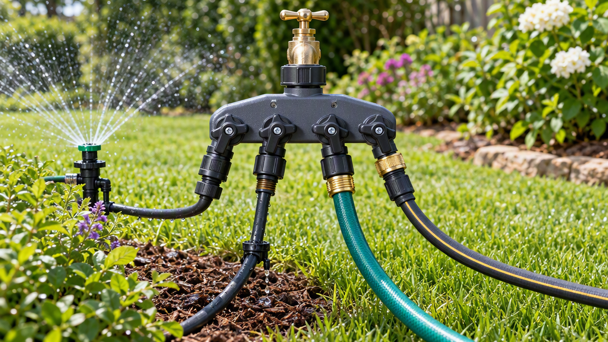 4-way garden hose splitter connected to a sprinkler, drip line, and garden hose at an outdoor spigot