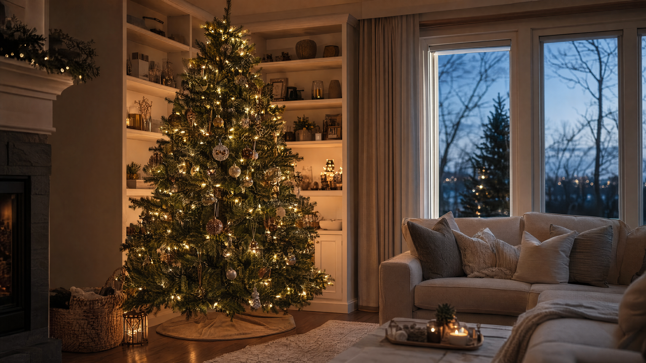 Indoor Christmas tree wrapped in warm white string lights in a cozy living room at dusk