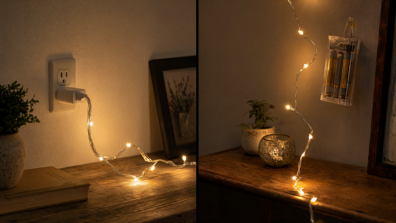 Room split between plug-in fairy lights with a cord and outlet on one side and battery-operated fairy lights with a battery pack on the other