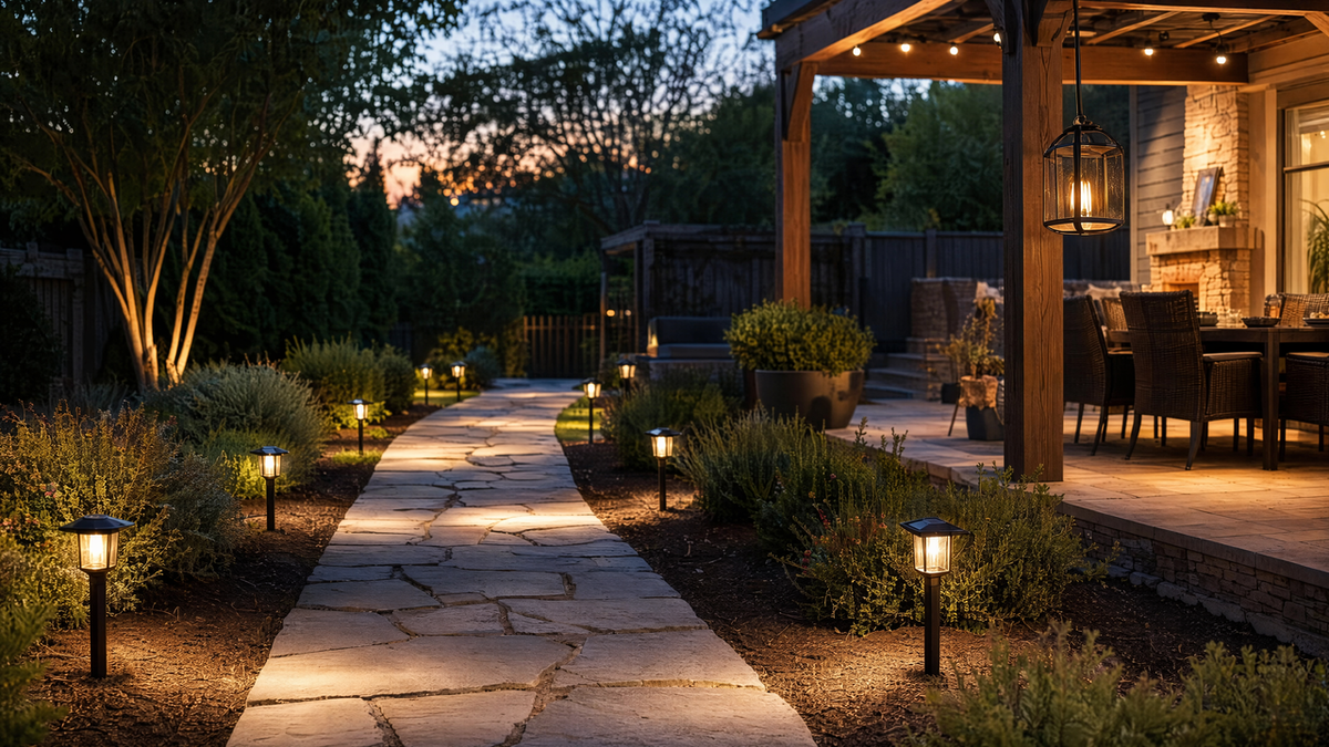 Backyard walkway with evenly spaced solar pathway lights and a hanging solar lantern near a patio