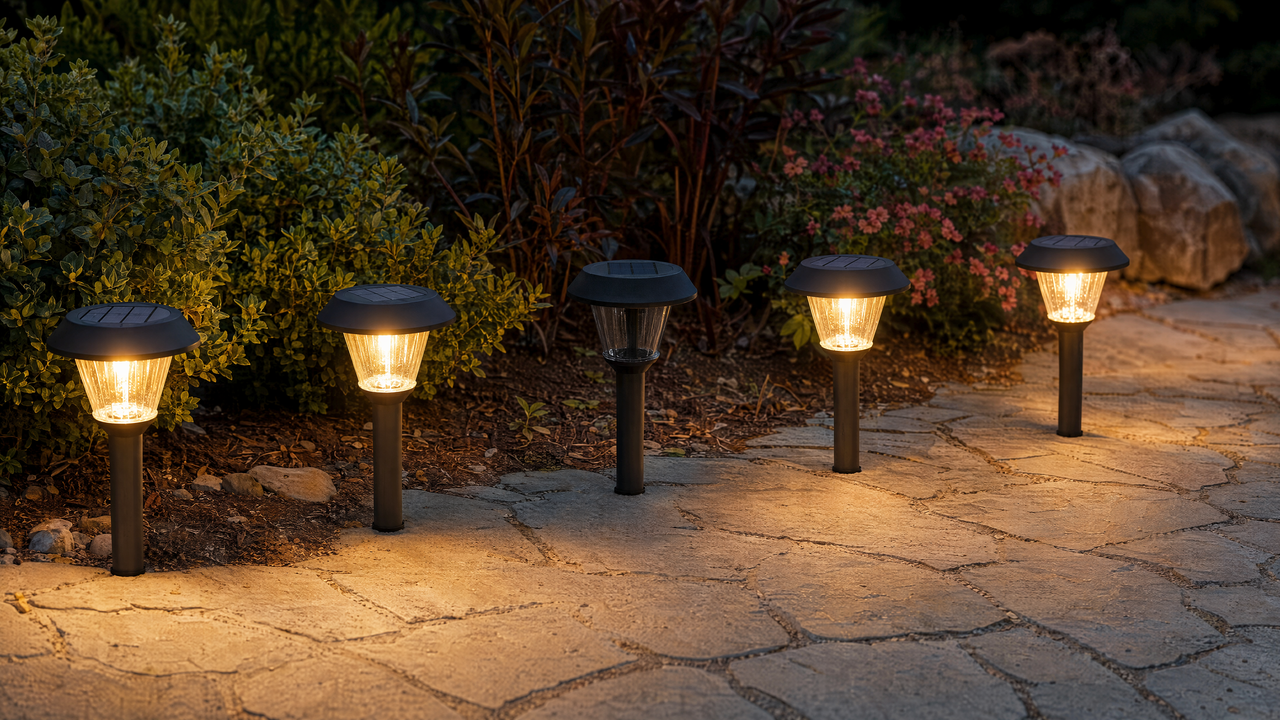 Solar garden pathway lights at dusk, one light unlit and dark next to four glowing lights