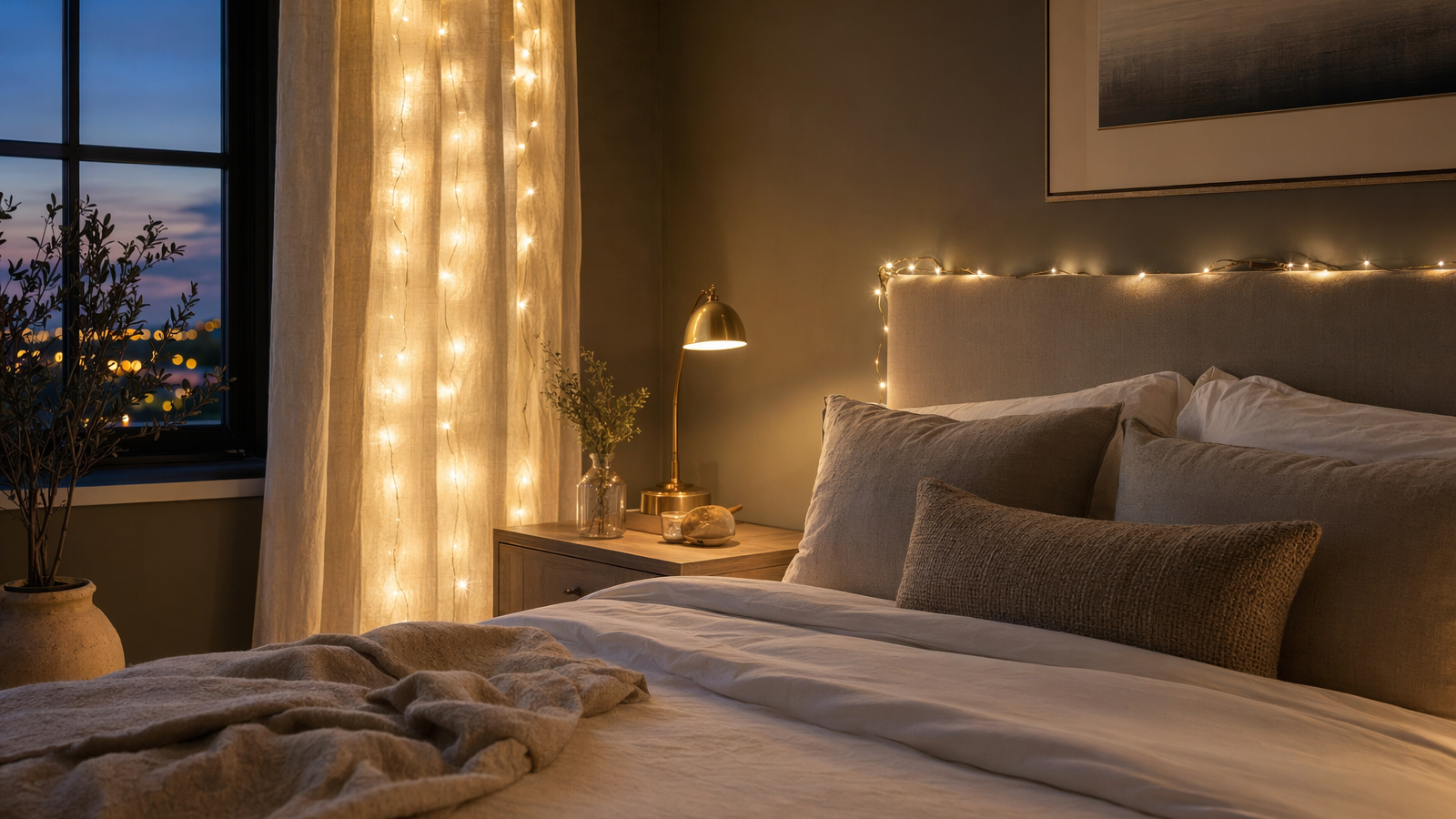 Cozy bedroom decorated with fairy lights