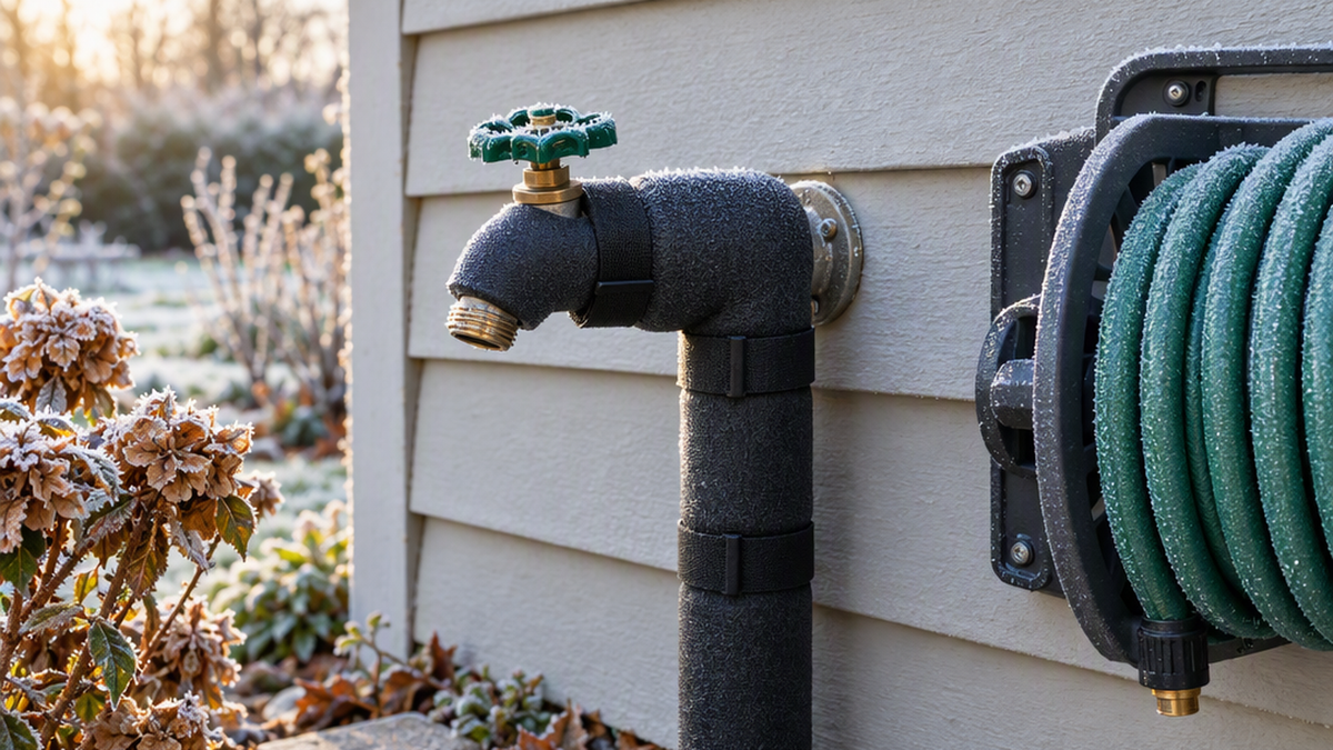 Outdoor garden faucet wrapped with an insulated foam cover next to a fully drained garden hose coiled on a wall-mounted reel