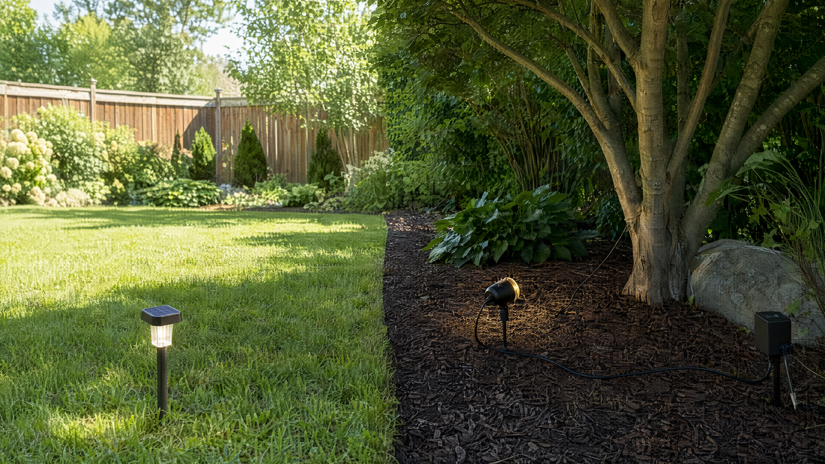 Backyard garden split between a sunny lawn with a solar stake light and a shaded area with a wired low-voltage landscape spotlight