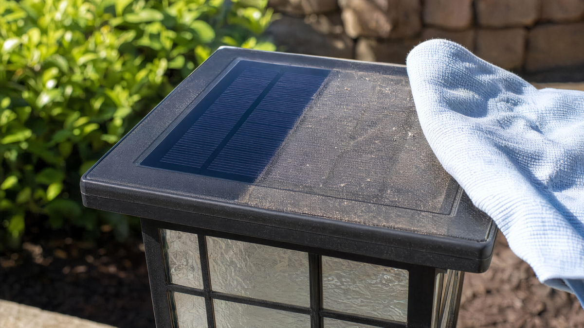 Solar garden light with a dusty solar panel, half wiped clean and half still dusty for comparison