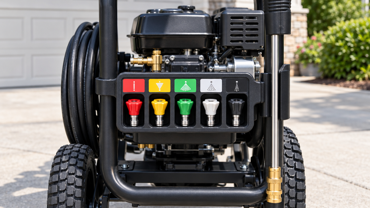 Pressure washer with a labeled nozzle tip holder case holding five different colored nozzle tips