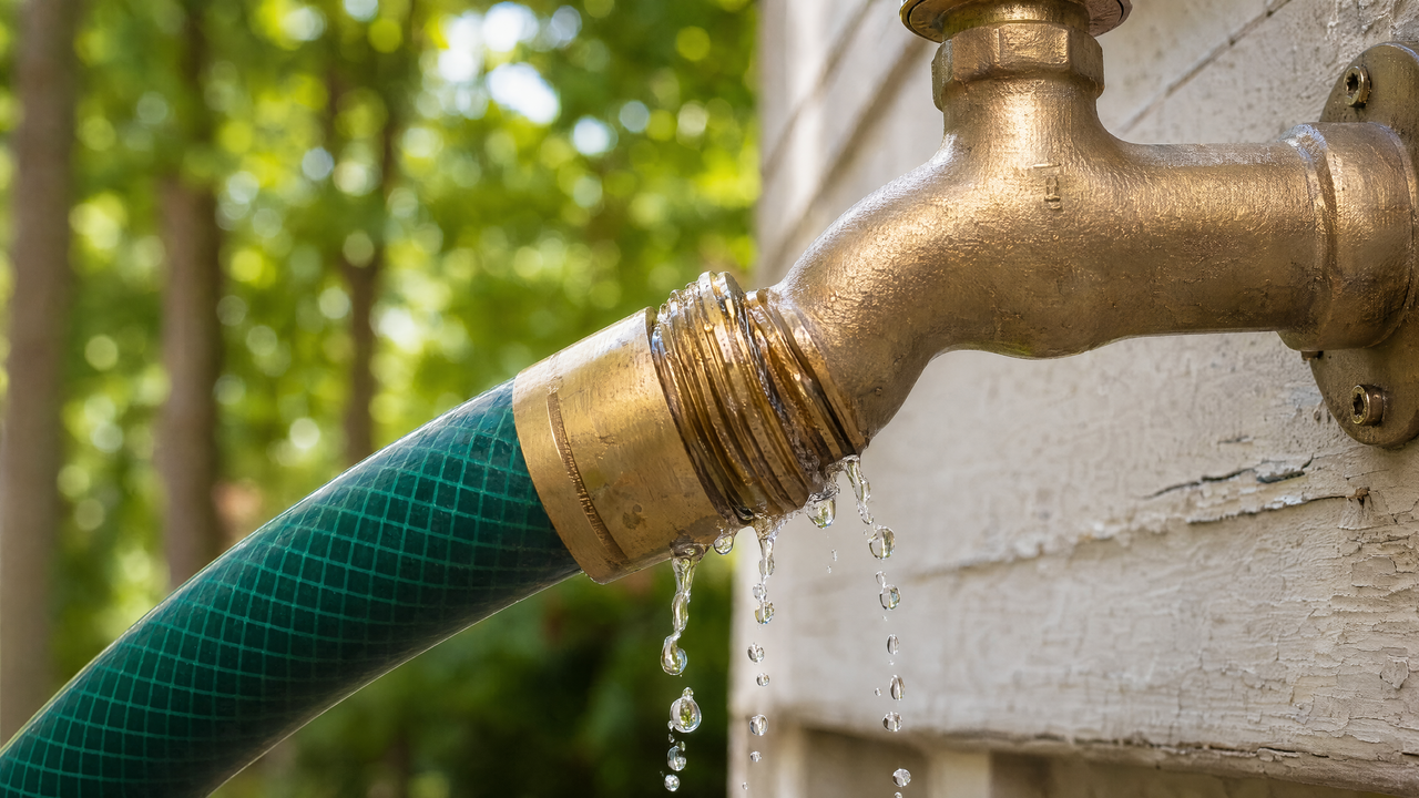 Brass garden hose connection dripping water at the threaded joint near an outdoor spigot