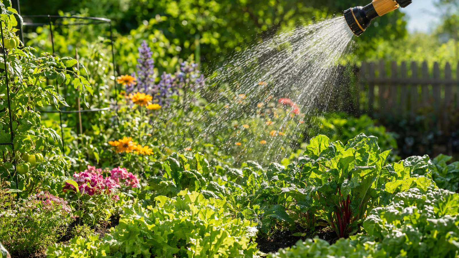 Watering a summer garden with a brass hose nozzle