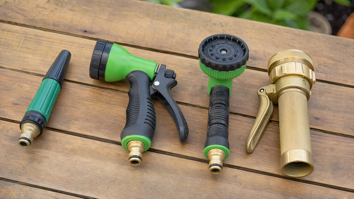 Four garden hose nozzle styles including twist, pistol grip, fan spray, and brass fireman-style nozzles arranged on a table