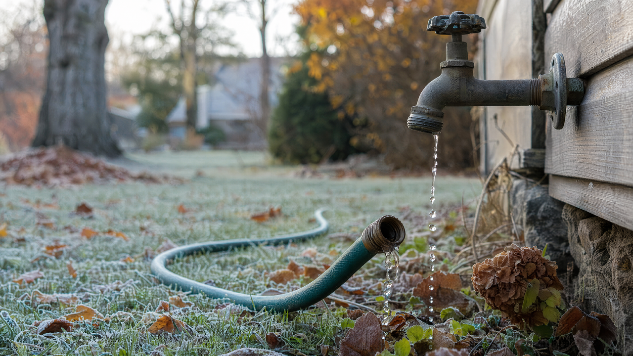 Garden hose being disconnected and drained from an outdoor spigot on a frosty late-autumn morning
