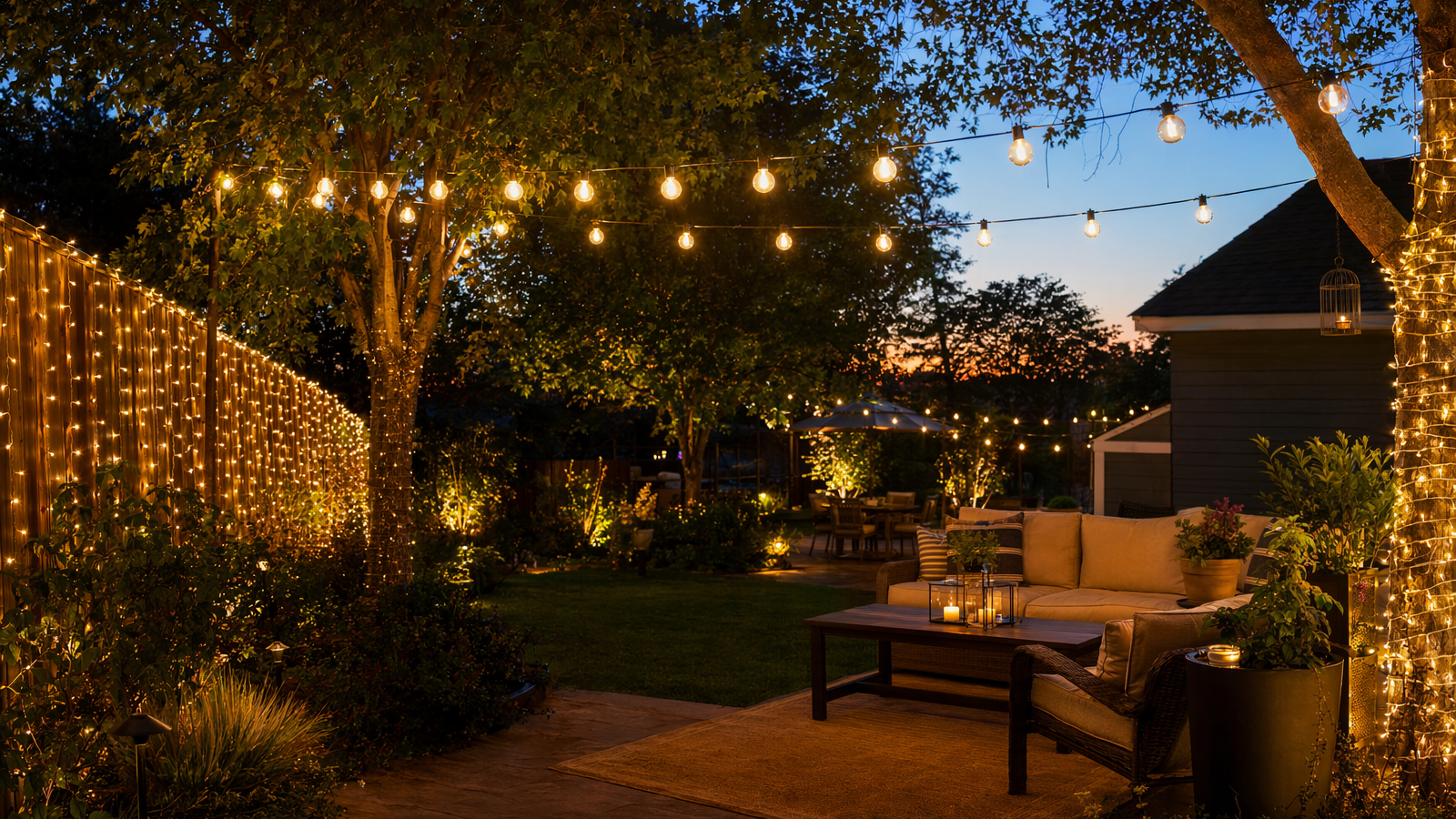 Backyard patio at dusk with warm string lights and curtain lights