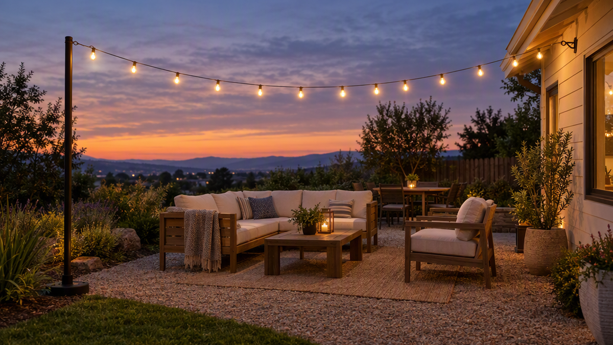 Warm white string lights strung across an open backyard patio using a freestanding pole and a house wall hook, no pergola