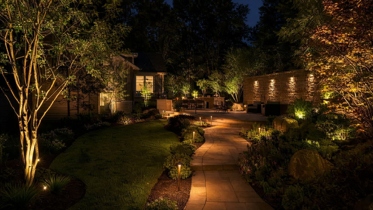 Landscaped backyard at night with layered ambient, path, and accent lighting