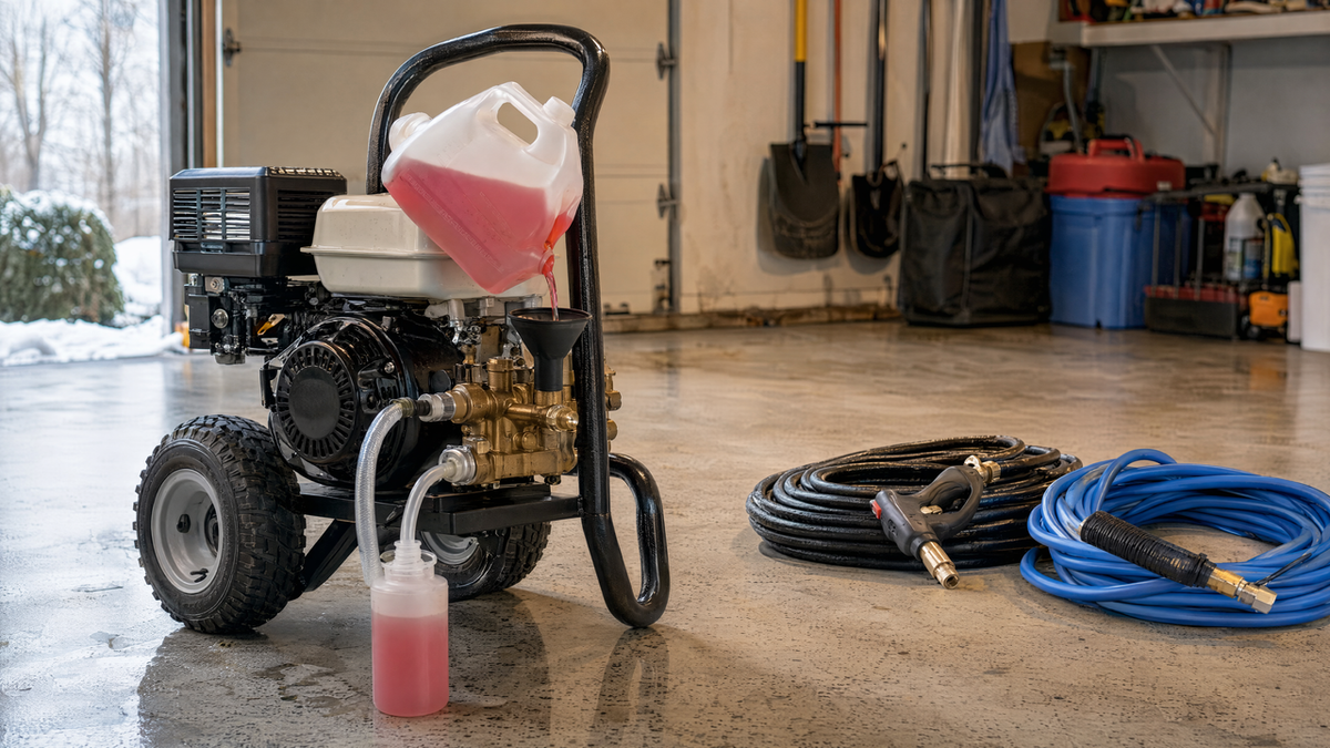 Pressure washer being prepared for winter storage in a garage with pump antifreeze being poured in