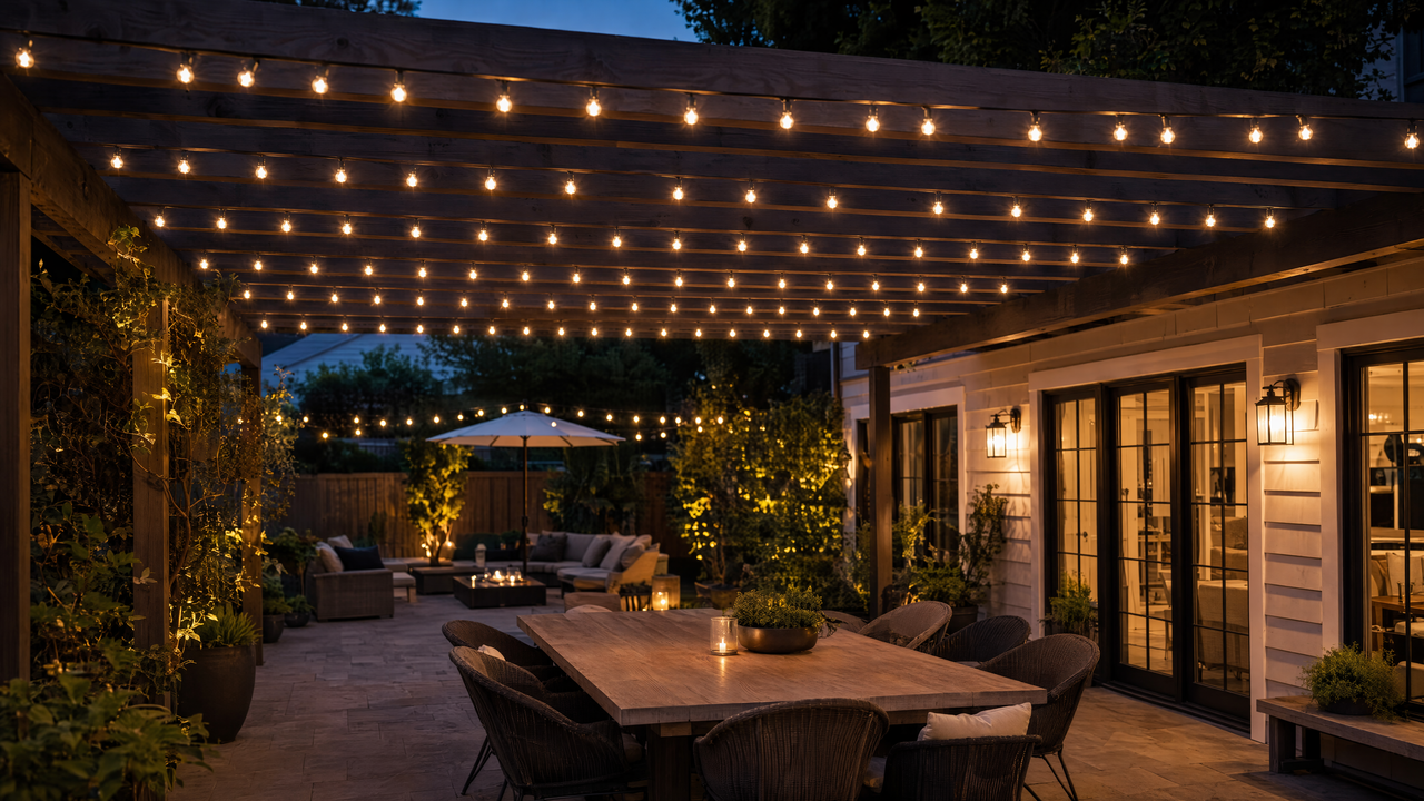 Warm white outdoor string lights neatly hung across a backyard patio pergola at dusk