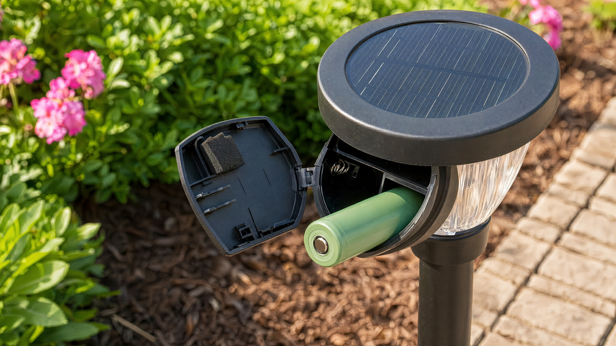 Solar garden light with its battery compartment open, showing a fresh rechargeable battery being placed inside