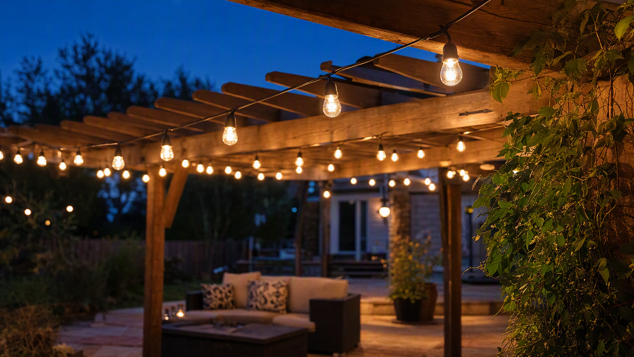 Warm white string lights strung along a backyard patio pergola at dusk