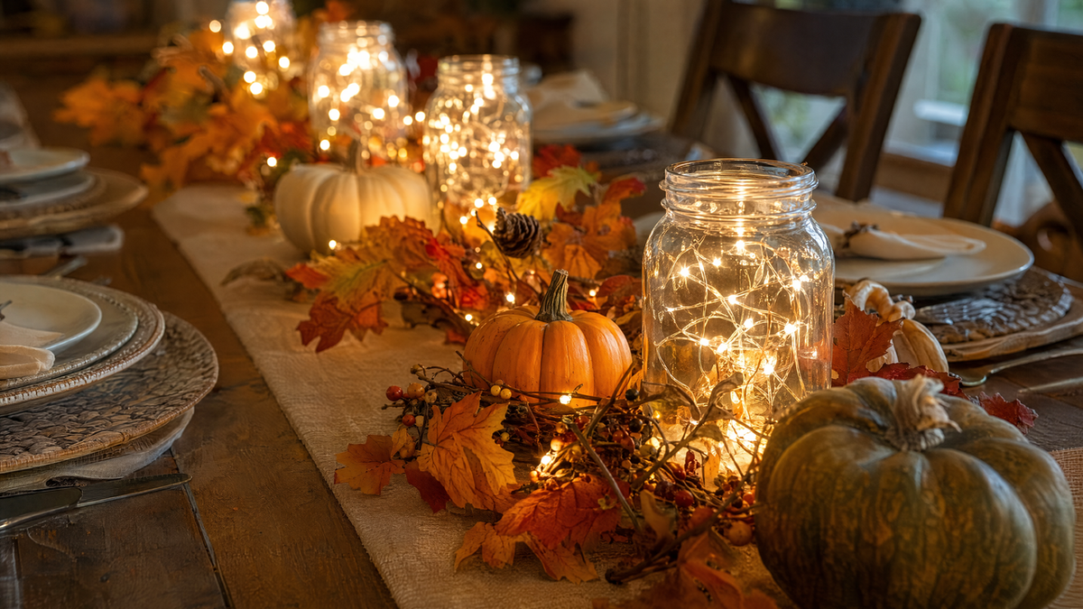 Thanksgiving table centerpiece with fairy lights in glass jars, a garland, small pumpkins, and autumn leaves