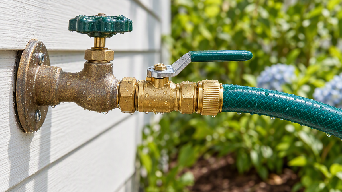 Brass garden hose shut-off valve installed between an outdoor spigot and a garden hose with the lever open