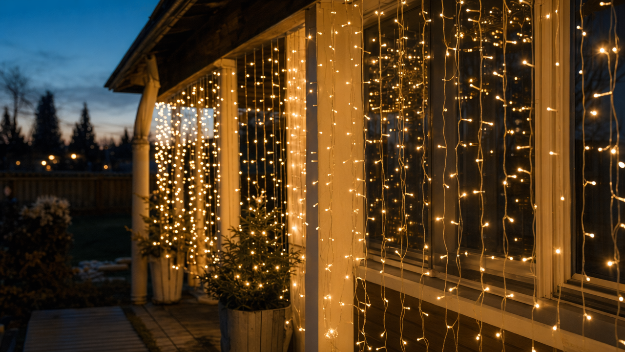 Warm white LED curtain lights cascading along an outdoor porch at dusk