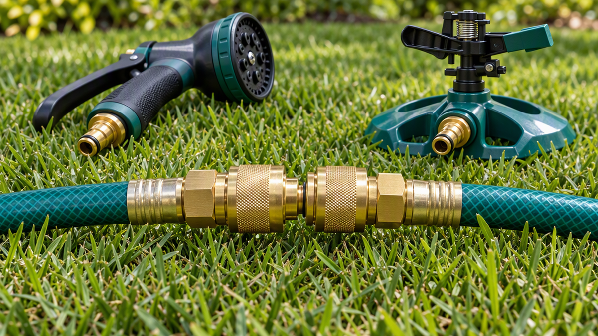 Garden hose quick-connect coupler set with a spray nozzle and sprinkler head