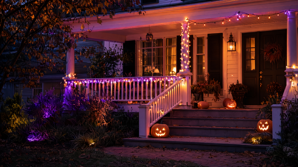 House porch tastefully decorated with purple, orange, and warm white string lights and pumpkins for Halloween