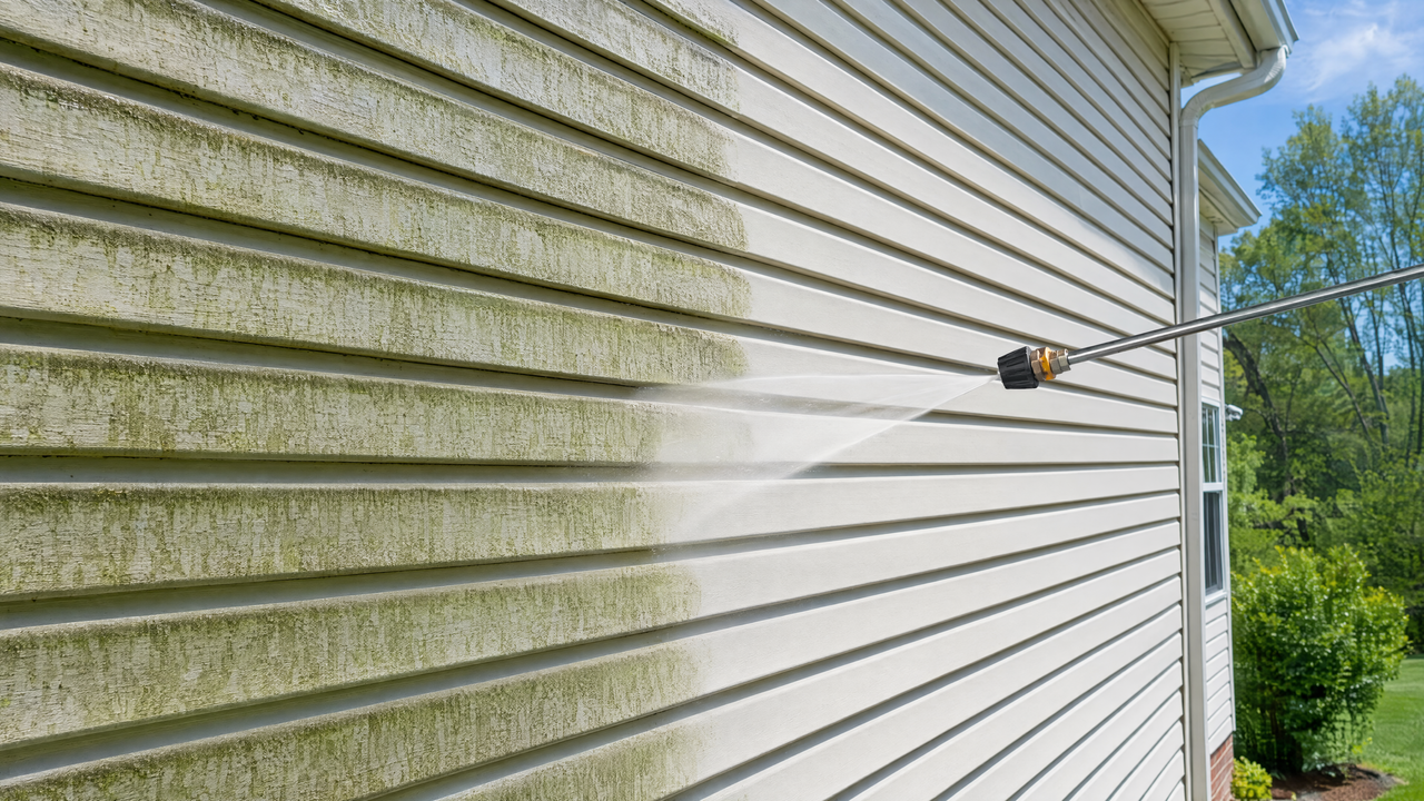Pressure washer cleaning green algae streaks off vinyl siding, dirty versus clean contrast