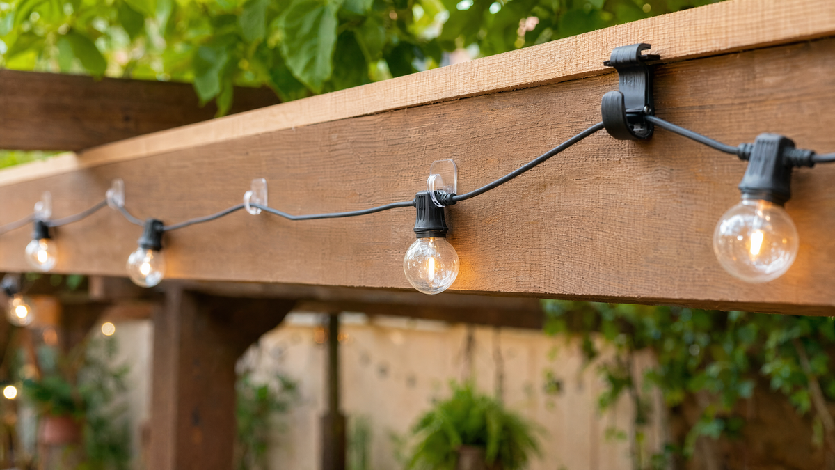 Outdoor string lights hung on a wooden pergola beam using no-drill adhesive hooks and clip-on gutter hooks