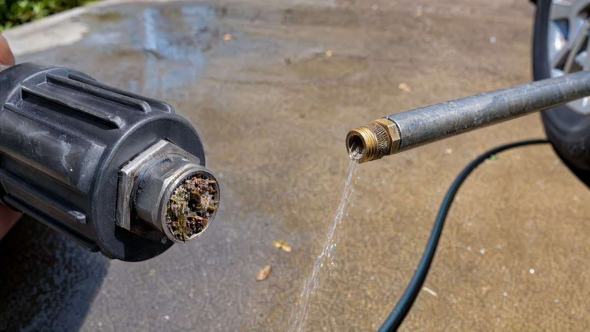 Pressure washer nozzle tip clogged with debris next to the wand producing only a weak trickle of water