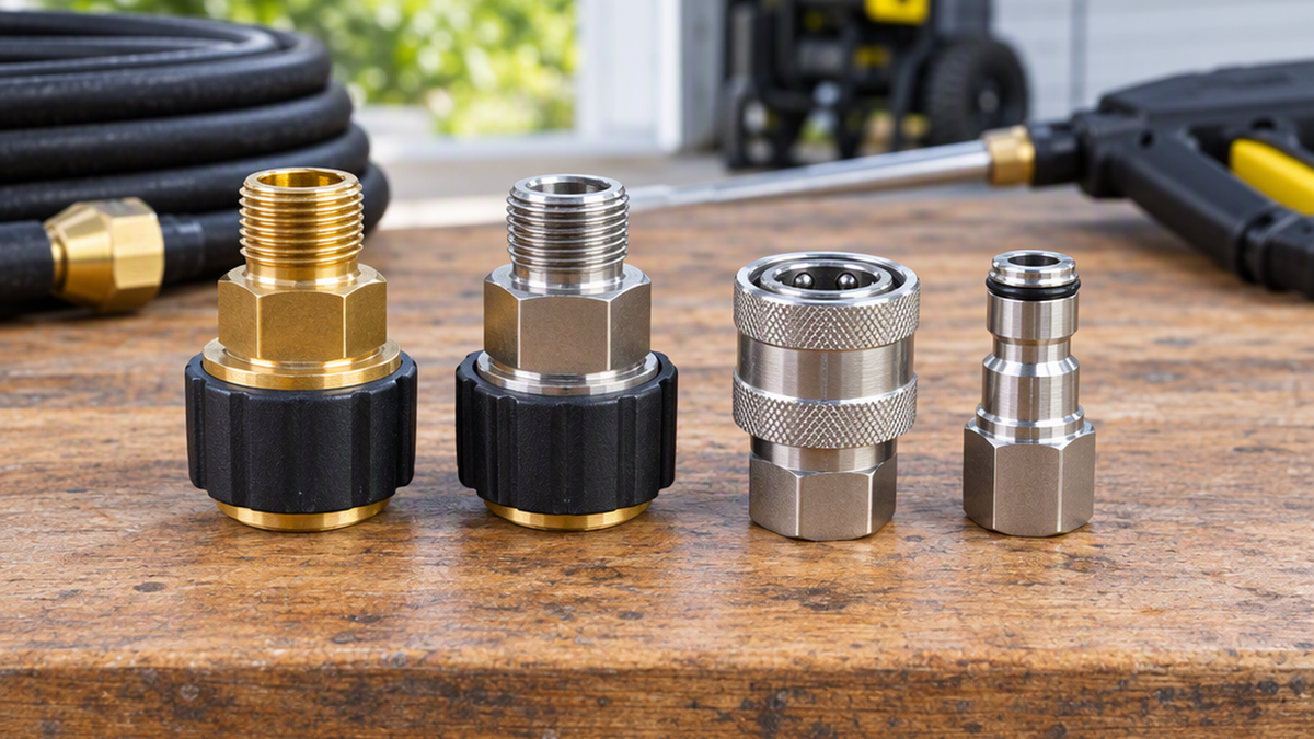 Pressure washer adapter fittings including M22 threaded adapters and 3/8 inch quick-connect couplers laid out on a workbench