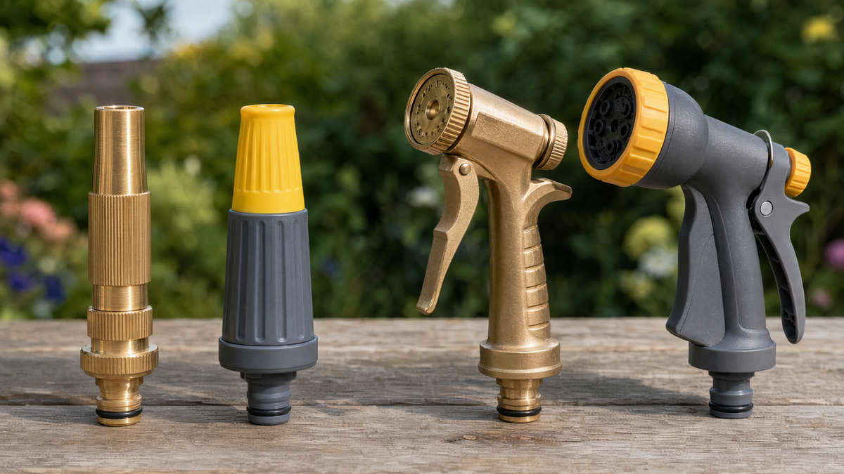 Garden hose nozzle types compared side by side: twist and pistol spray gun styles in brass and plastic