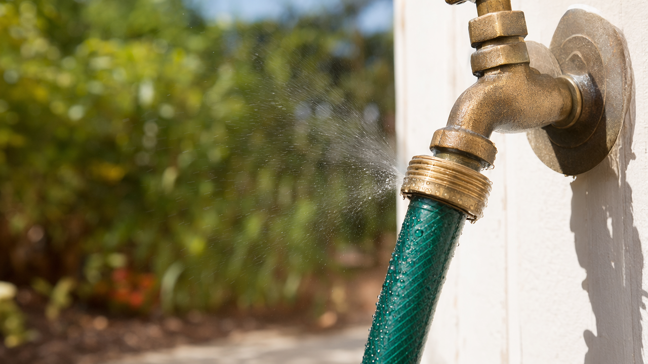 Brass garden hose connection leaking a fine mist of water at the threaded joint