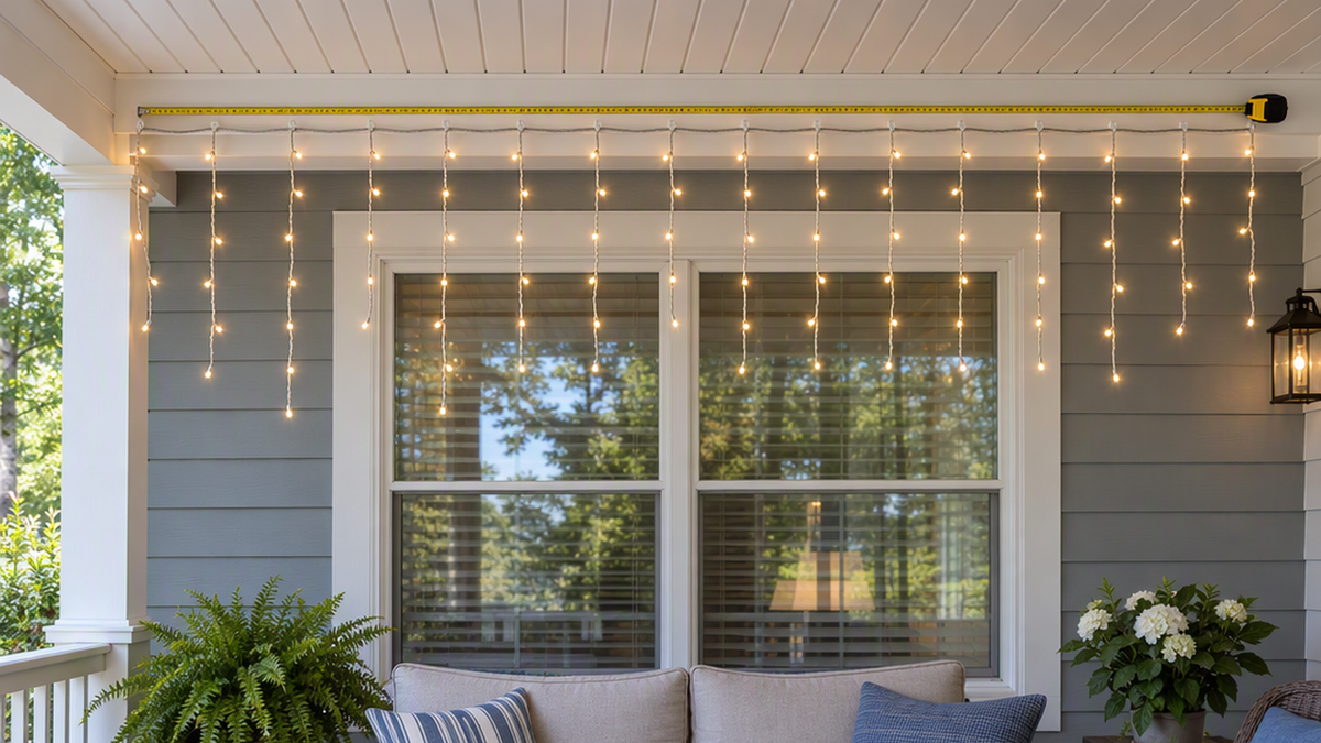 Covered porch with curtain string lights hung along the ceiling edge above a window with a measuring tape showing spacing