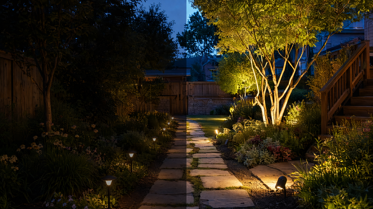 Backyard split between solar stake path lights and brighter low-voltage wired landscape spotlights