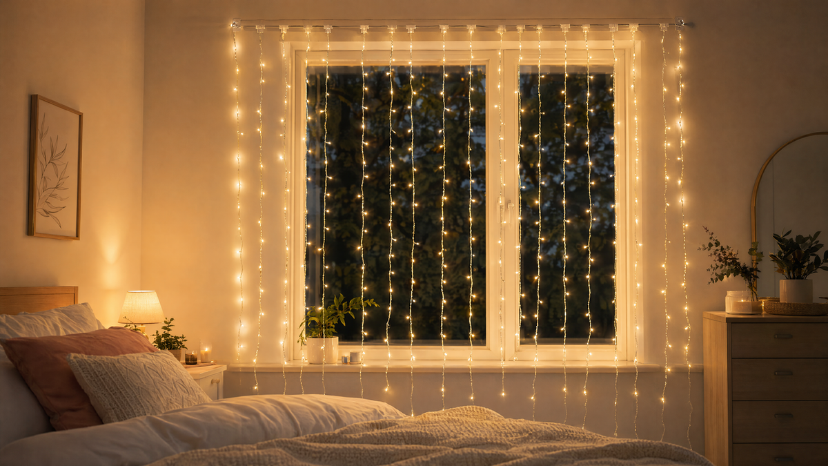 Warm white curtain string lights hung over a bedroom window using no-drill adhesive clips