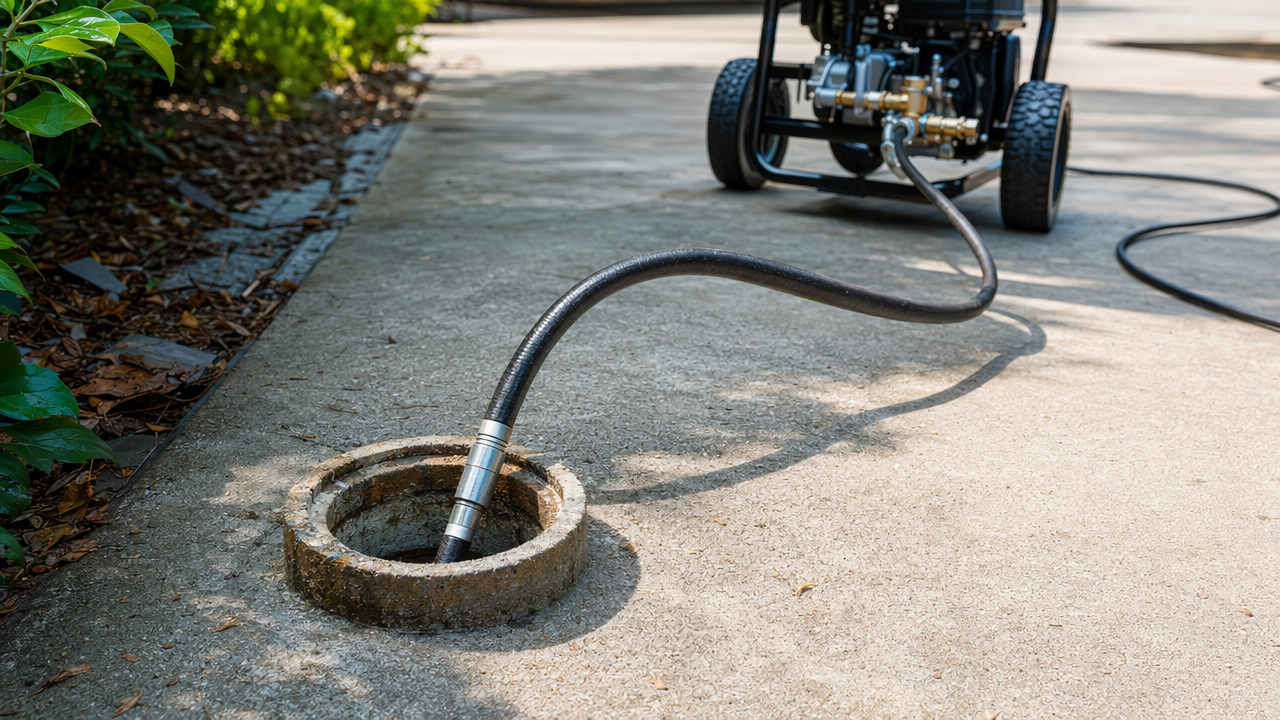 Sewer jetter drain-cleaning hose being fed into a round drain cleanout pipe with a pressure washer in the background