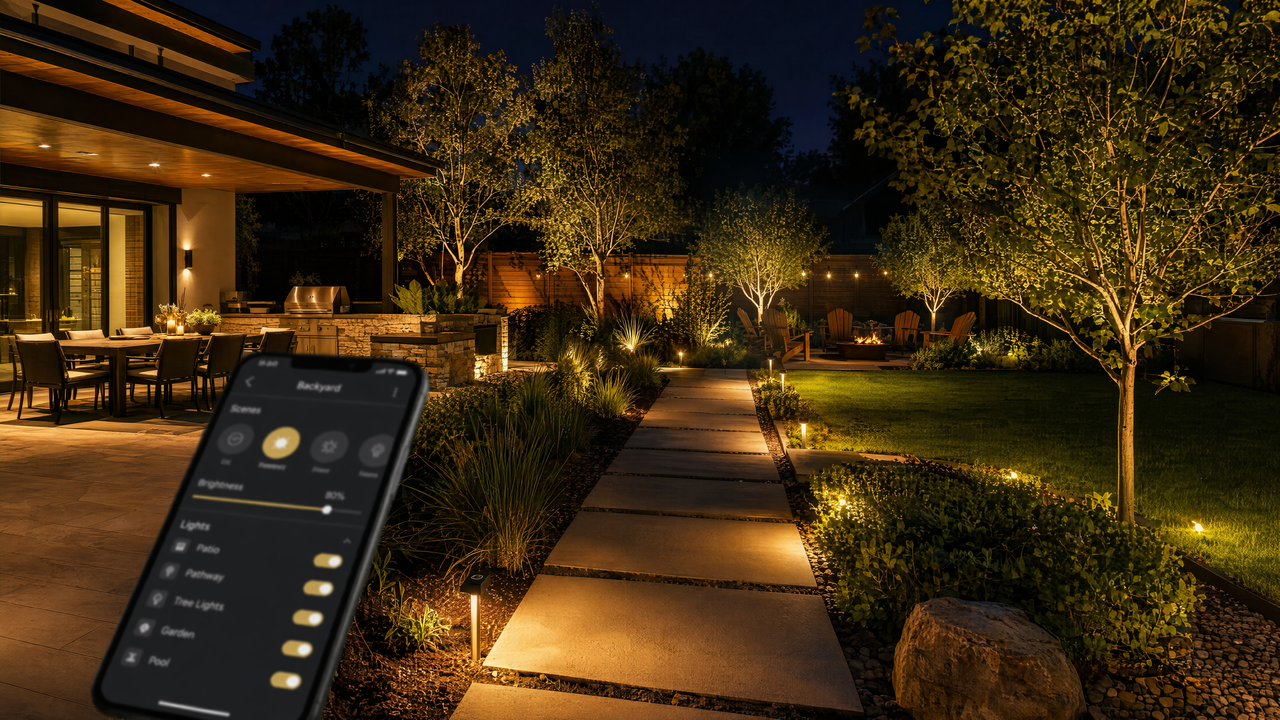 Backyard at night with smart automated outdoor lighting and a smartphone control app