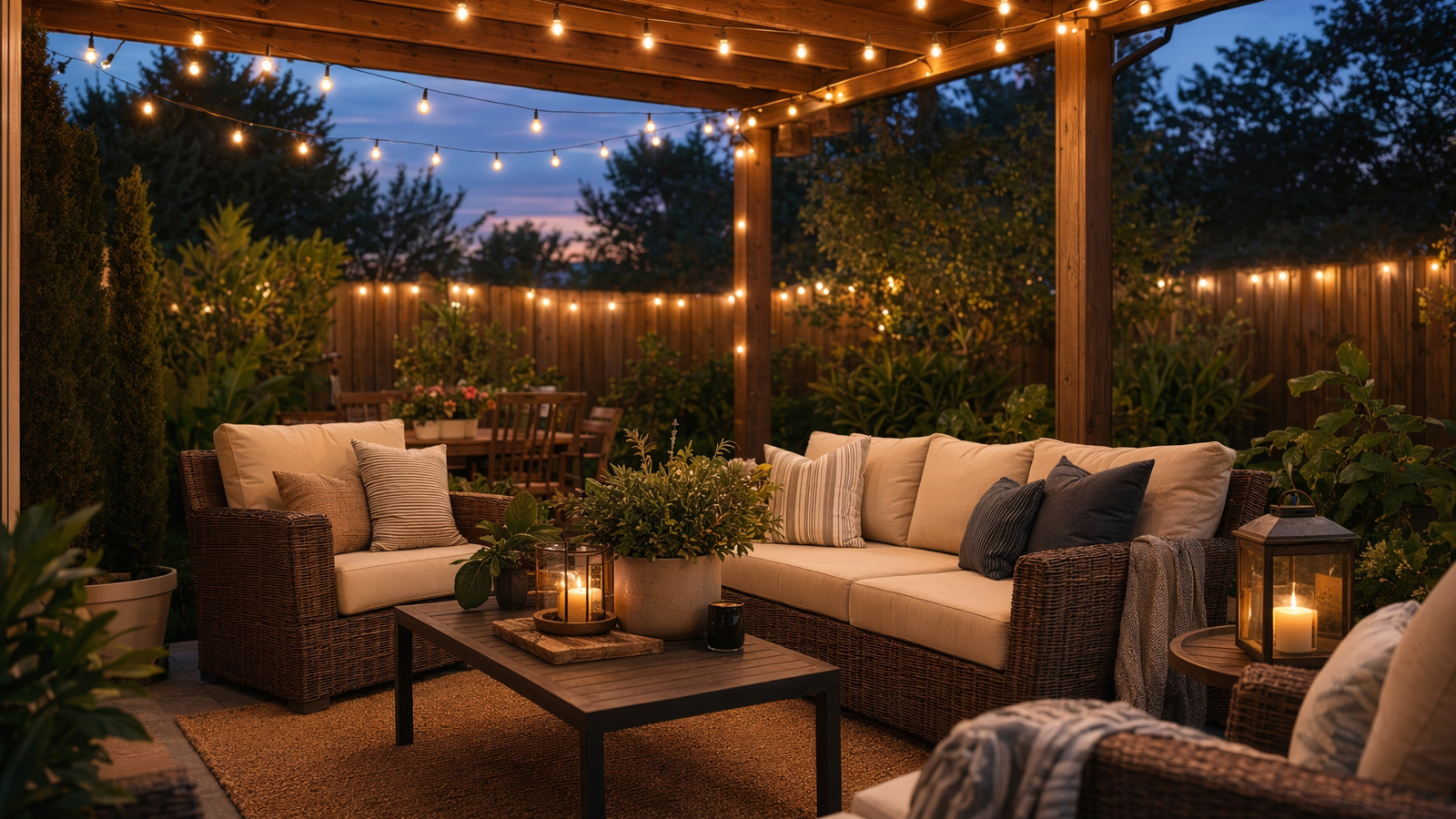 Patio transformed with string lights