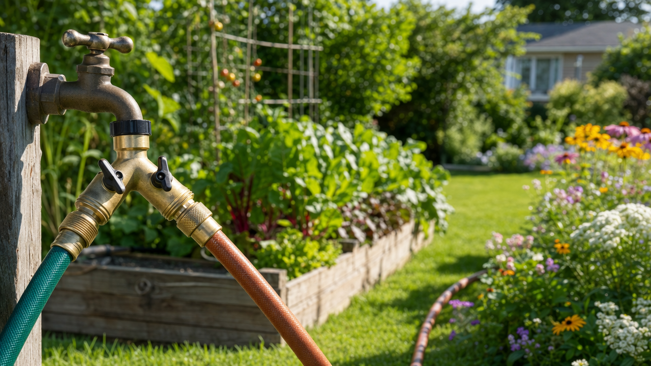 Brass garden hose splitter attached to an outdoor spigot with hoses running to different yard zones