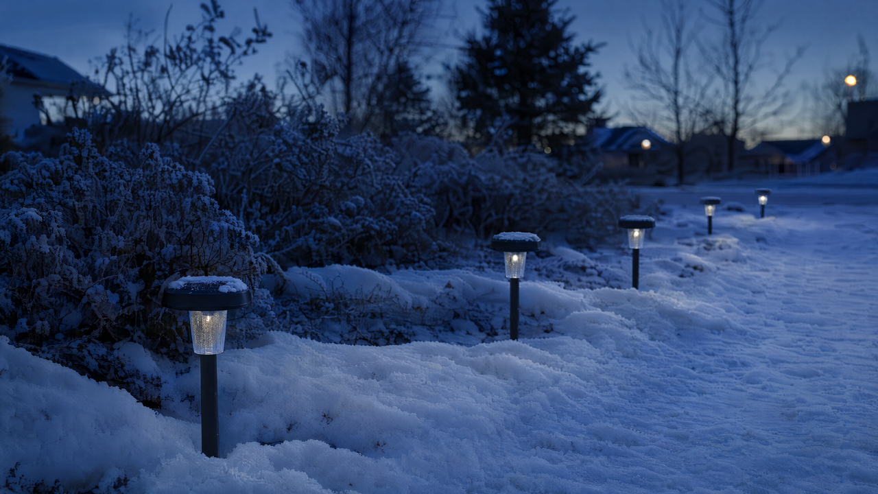Solar garden pathway lights glowing in a snow-covered yard at dusk during winter
