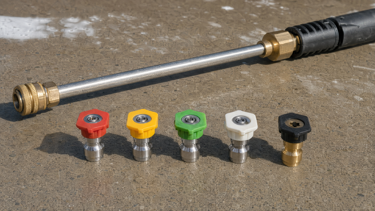 Five color-coded pressure washer nozzle tips laid out next to a pressure washer wand