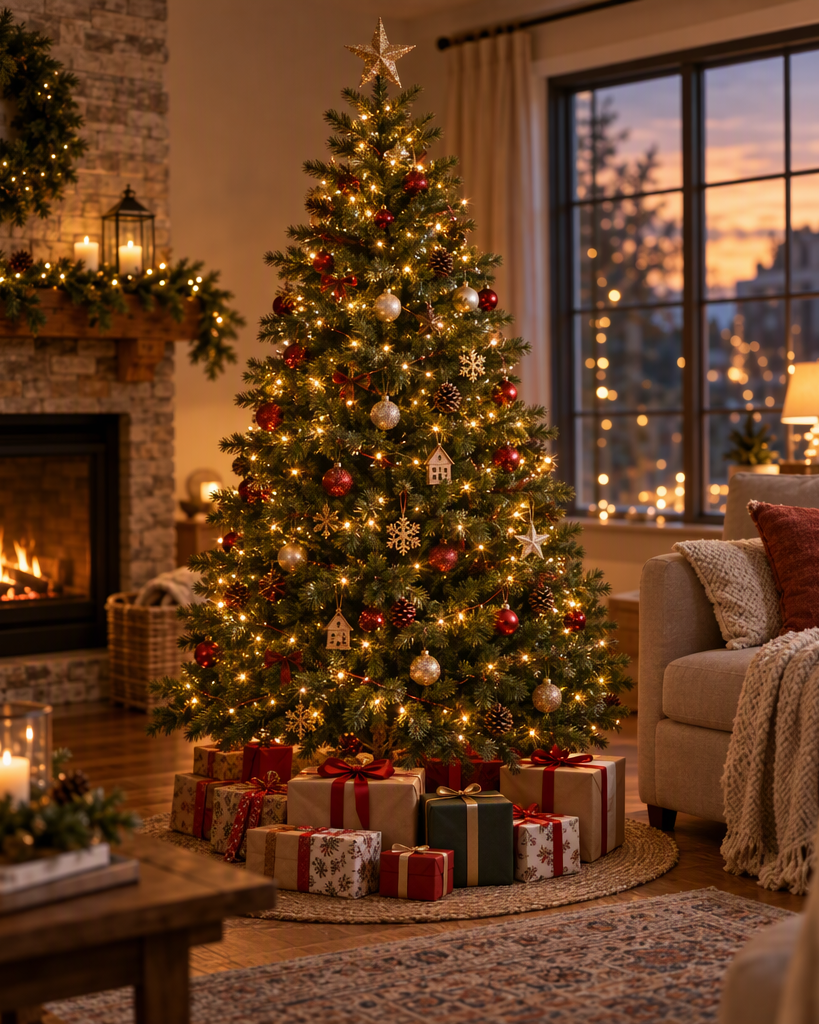 Lighted birch tree glowing in a living room corner