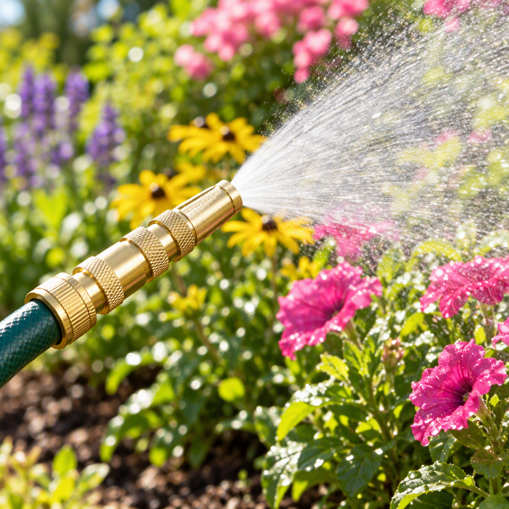 Heavy-duty brass twist hose nozzle spraying mist over a flower bed