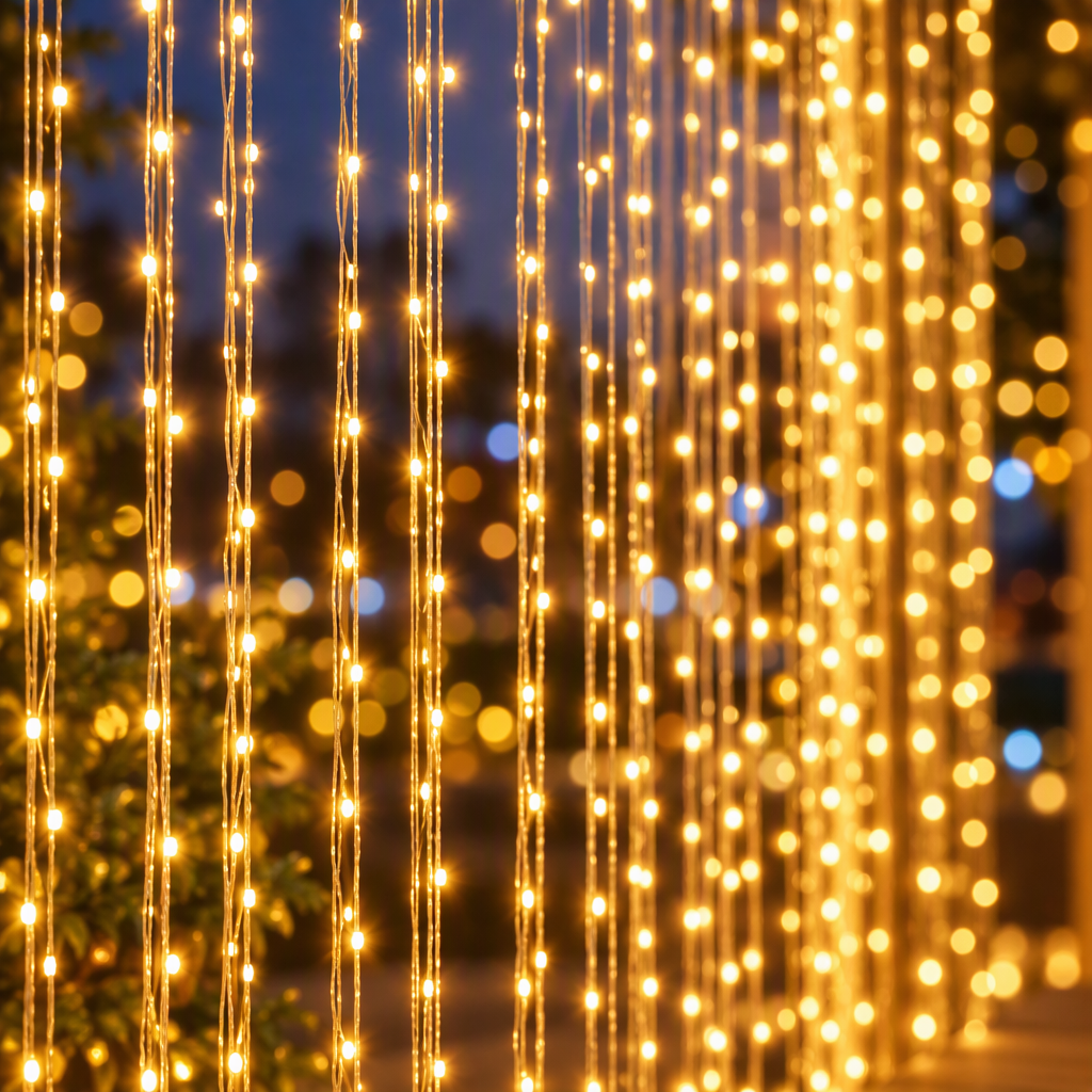 Warm white LED curtain string lights glowing at dusk