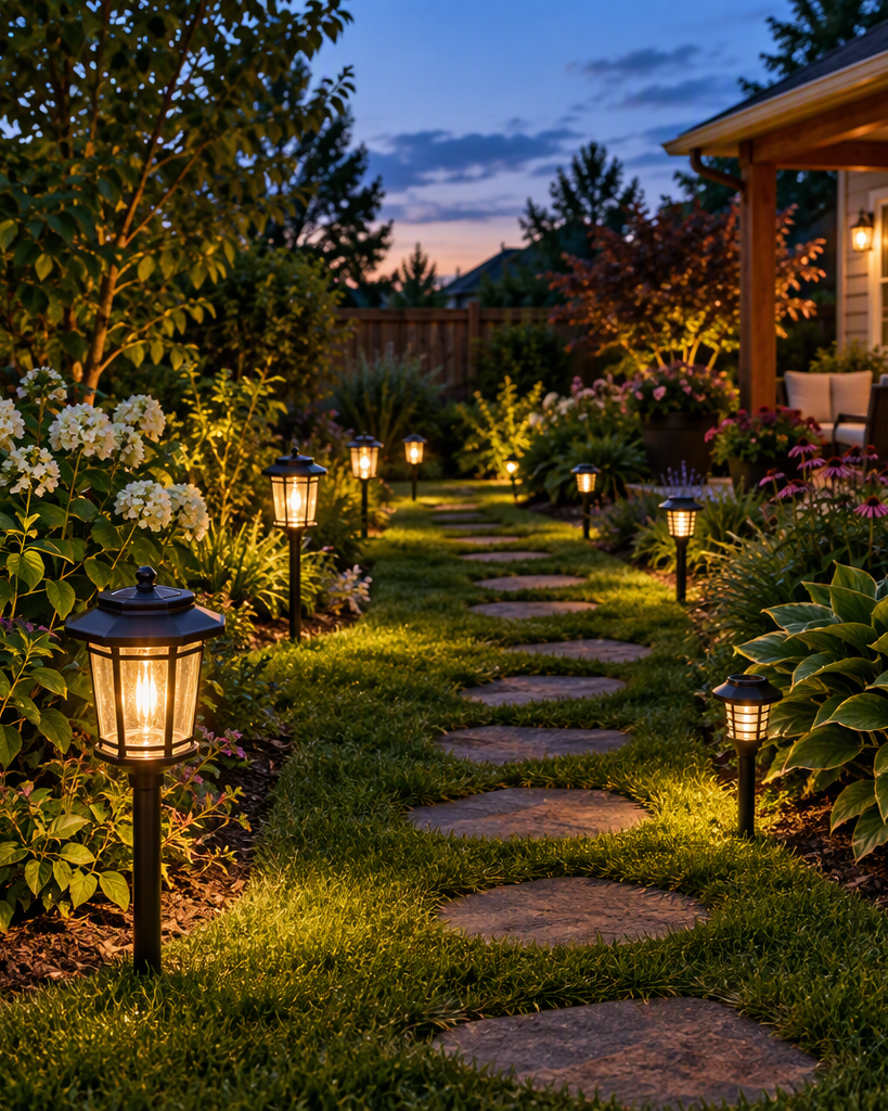 Black hanging solar coach lanterns along a garden lawn at dusk