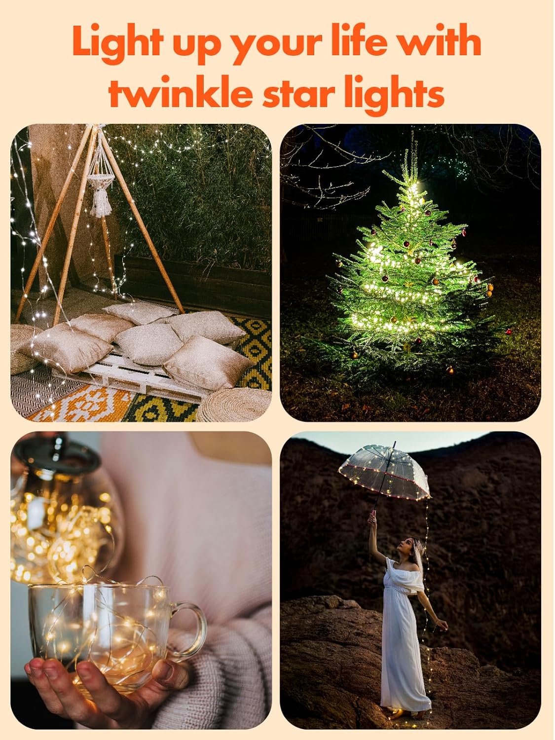 Twinkle Star 2/4 Pack Outdoor Solar String Lights, 39.4 FT 120 LED Solar Powered Decorative Fairy Lights with 8 Modes, Waterproof Black Wire Light for Thanksgiving Patio Yard Trees Party, Orange