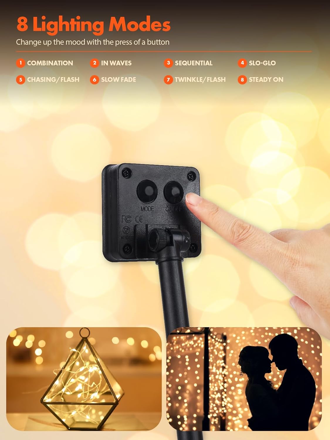 Twinkle Star 2/4 Pack Outdoor Solar String Lights, 39.4 FT 120 LED Solar Powered Decorative Fairy Lights with 8 Modes, Waterproof Black Wire Light for Thanksgiving Patio Yard Trees Party, Orange