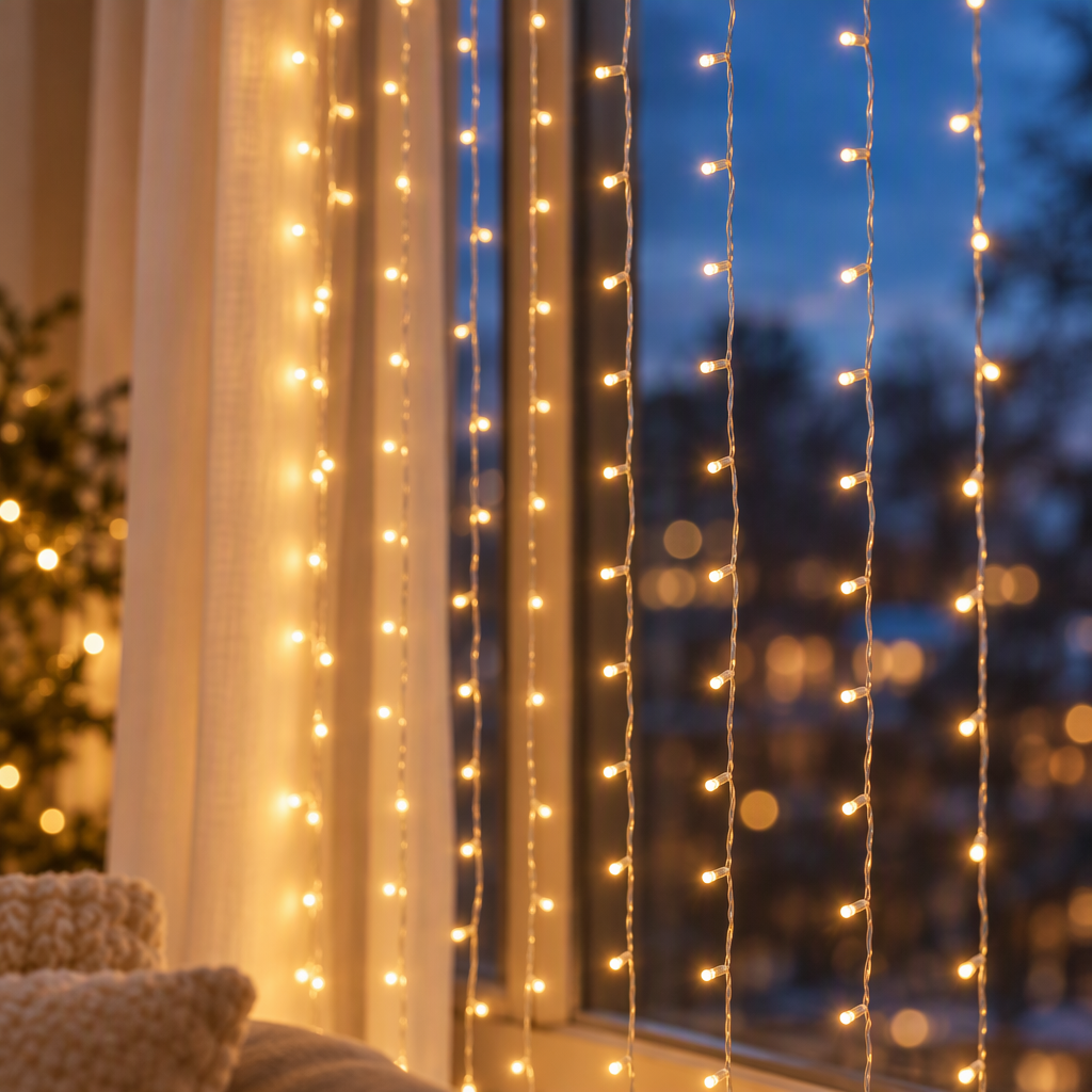 Warm white LED window curtain string lights glowing near a window